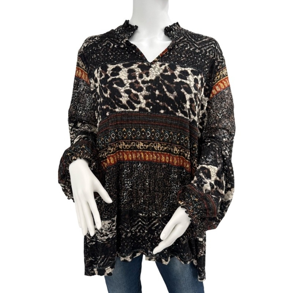 CALESSA XL Tunic Top Brown Animal Print Mesh Lace Split V-Neck Boho Mixed Media